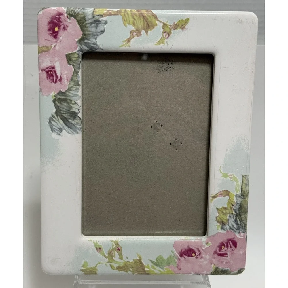 Vintage Off White Floral Ceramic Picture Frame Cottage Grandma Core Pink Flowers
